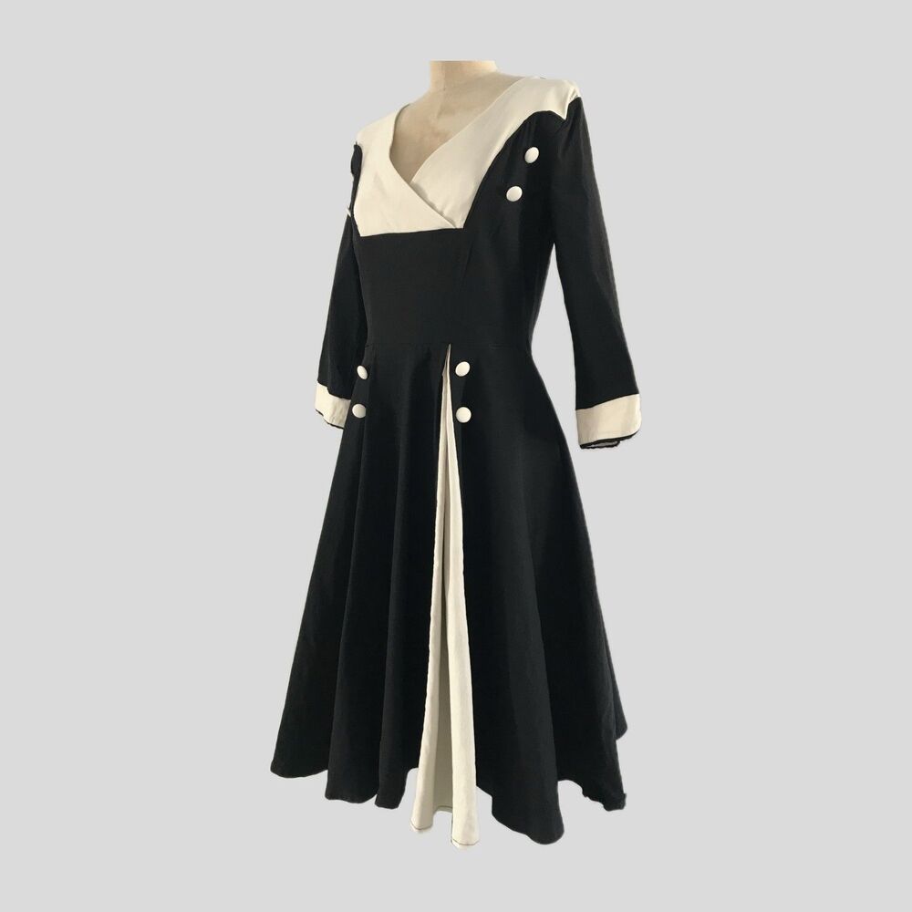Unique Vintage Black Cotton Stretch Retro 1950s Pinup Pleated Dress Womens L